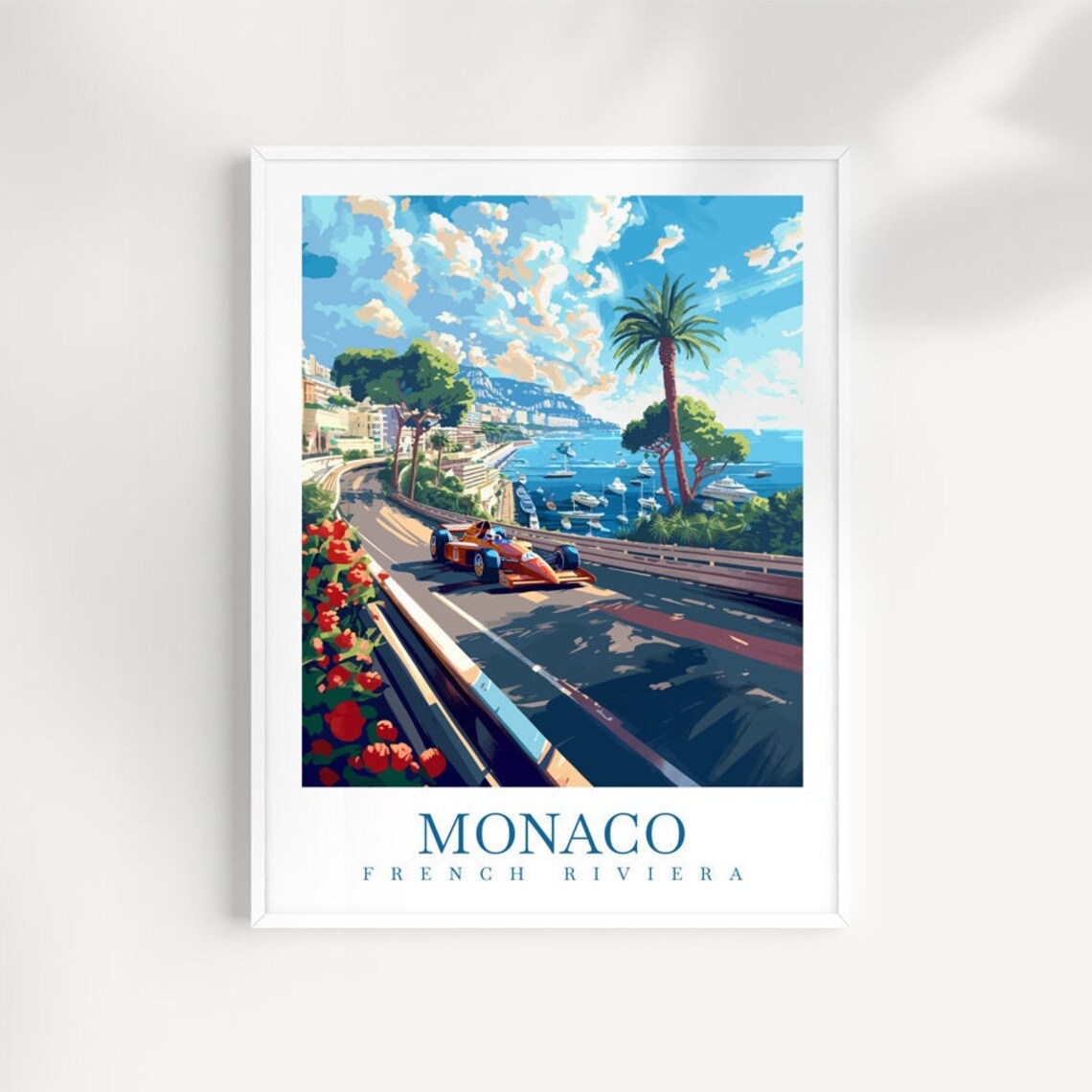 Monaco French Riviera Orange Racer Harbour Road Vintage Travel Poster