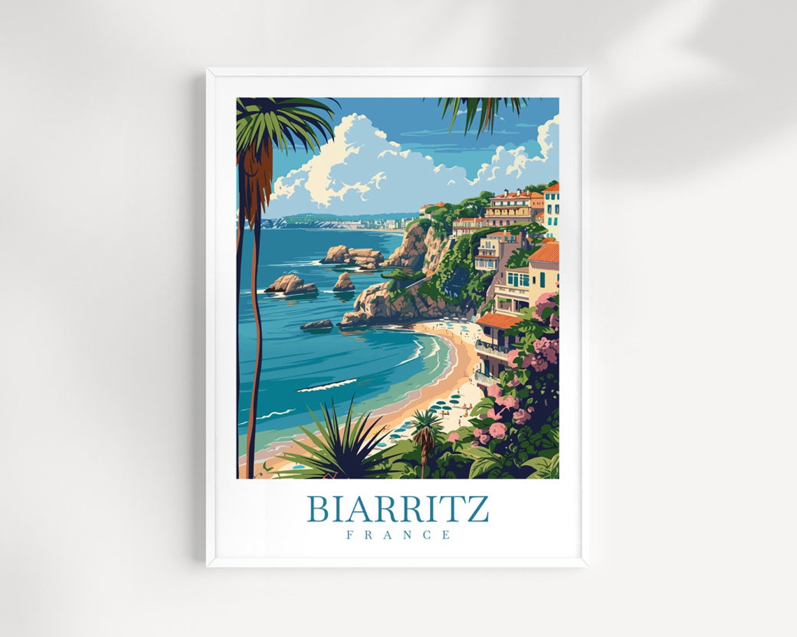 Biarritz France Rocky Coast Cliffs Beach Vintage Travel Poster