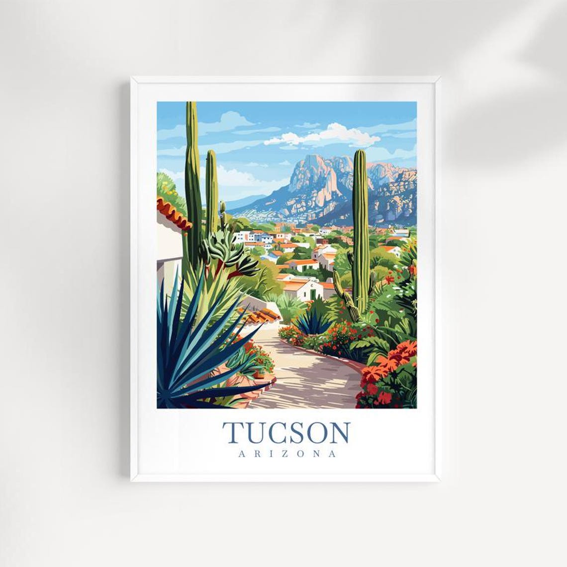 Tucson Arizona Desert Garden Saguaro Cacti And Mountain View Poster