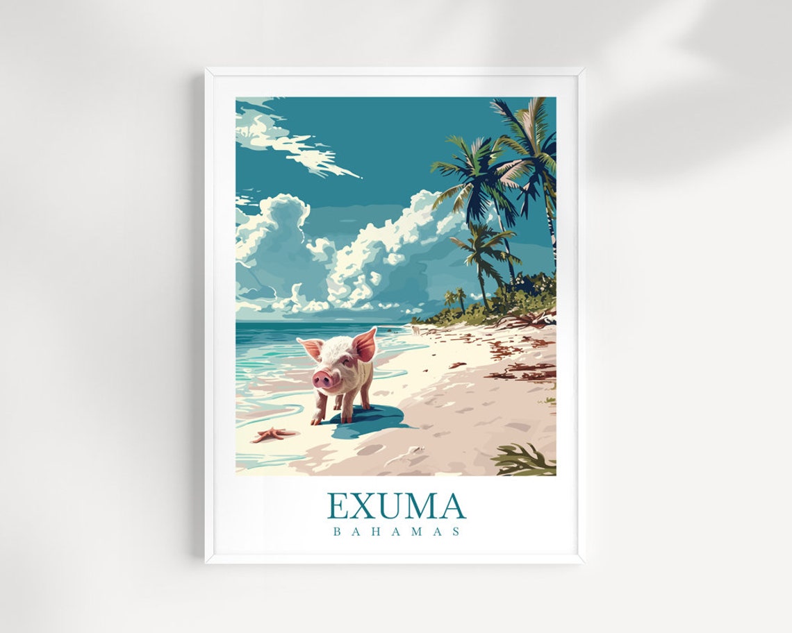 Exuma Bahamas Swimming Pig Beach Palm Trees Tropical Art Poster