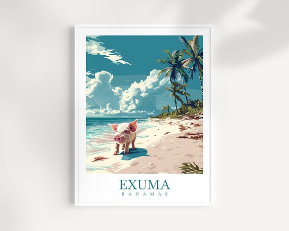 Exuma Bahamas Swimming Pig Beach Palm Trees Tropical Art Poster