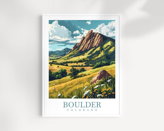 Boulder Colorado Flatirons Rocks Over Golden Wildflower Meadow Poster