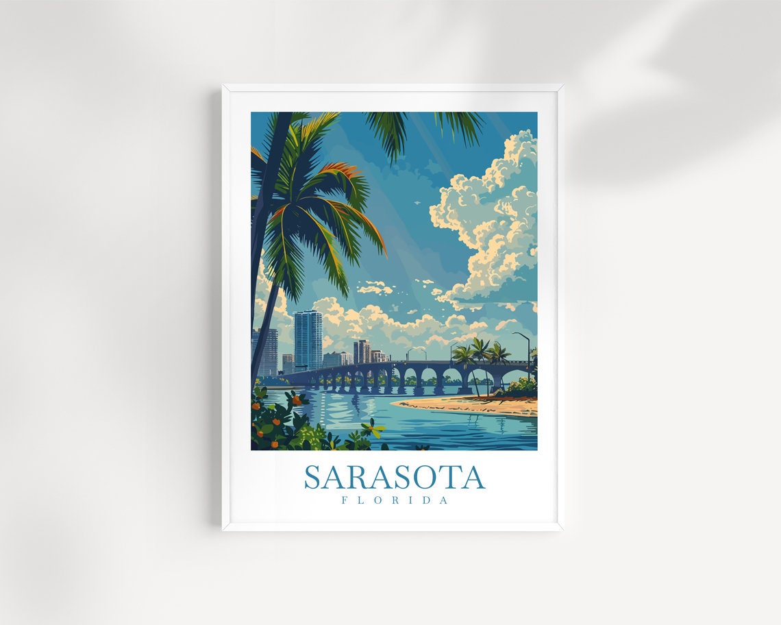 Sarasota Florida Bay Bridge Sunset Palm Waterfront Scene Poster