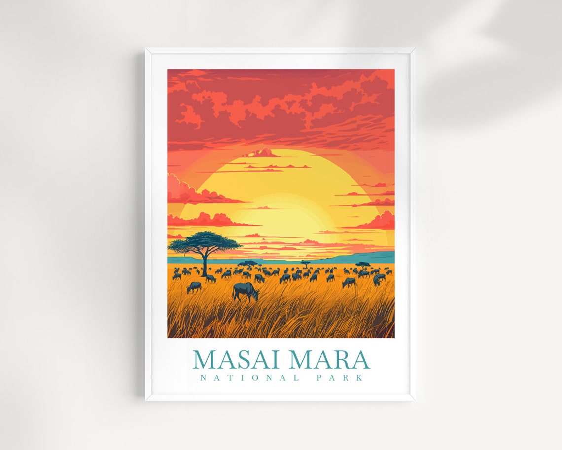 Masai Mara National Park Sunset Elephants Savanna Travel Poster