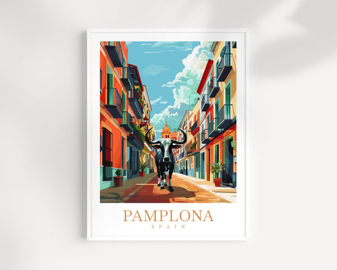 Pamplona Spain Bull Running Through Old Town Street Art Poster