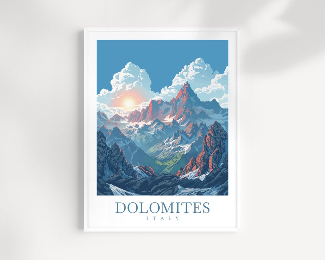 Dolomites Italy Alpine Peaks Snow Sunrise Mountain Range Art Poster
