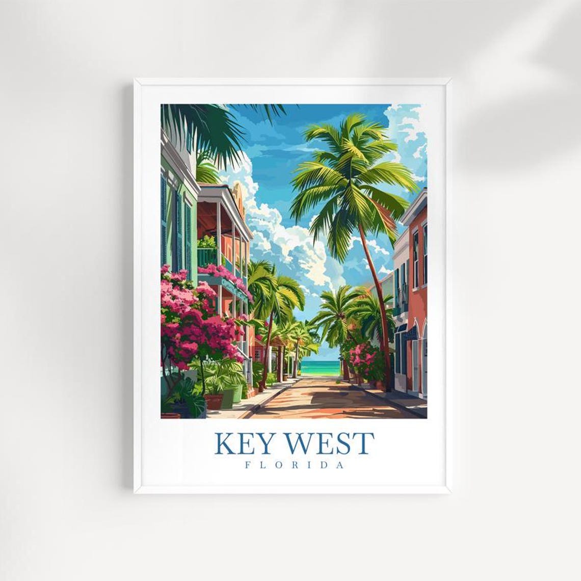 Vintage Key West Florida Palm Tree Street Ocean View Travel Poster