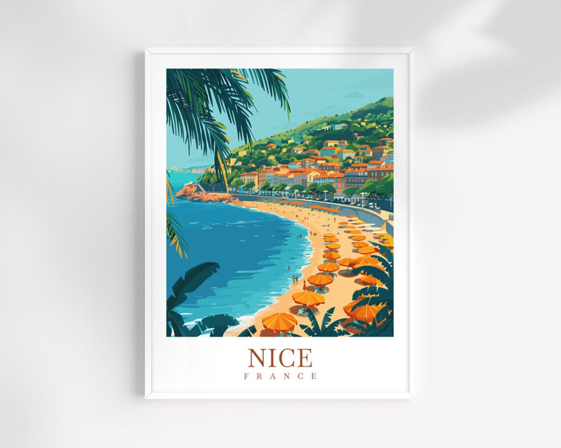 Nice France Beach with Orange Parasols Promenade Travel Poster
