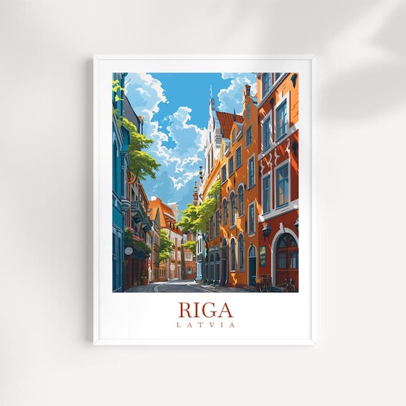 Riga Latvia Old Town Colorful Cobblestone Street Travel Poster