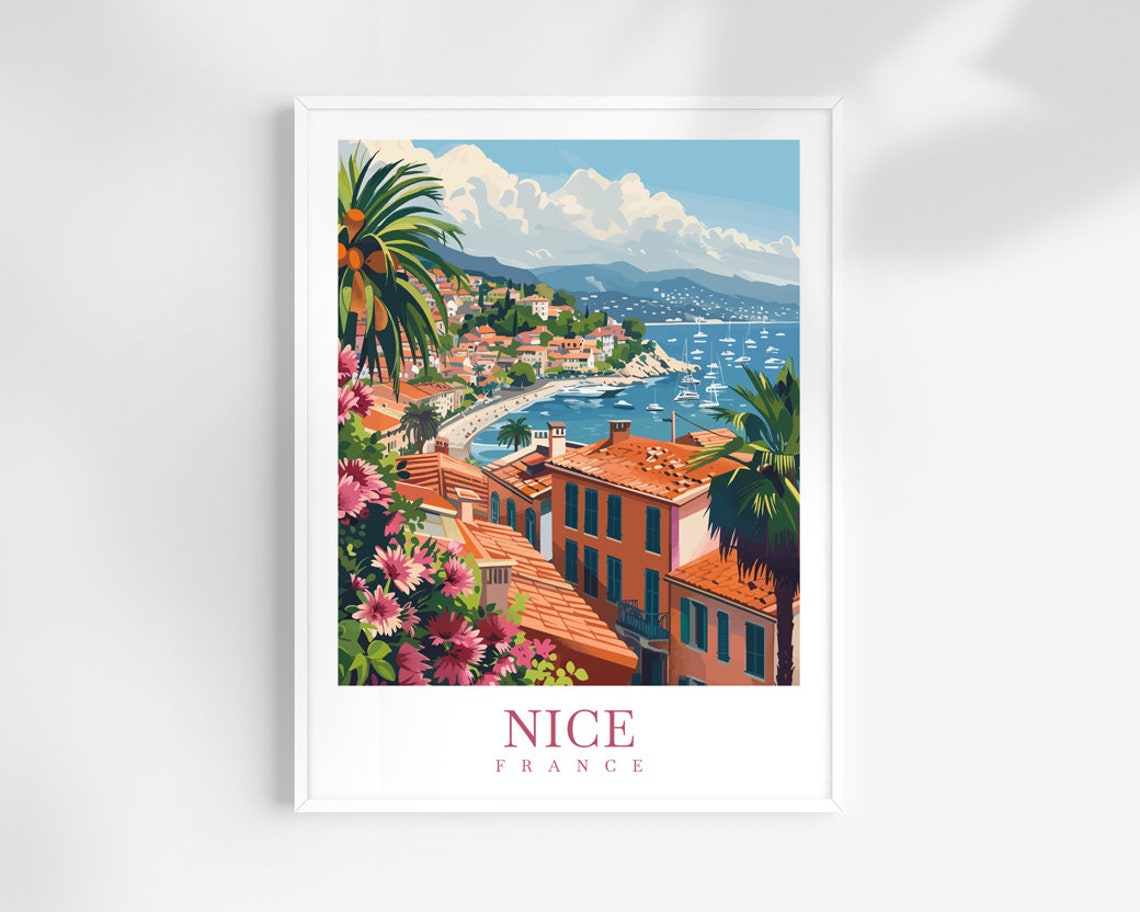 Nice France Bay Sailboats Terracotta Rooftops Palm View Poster