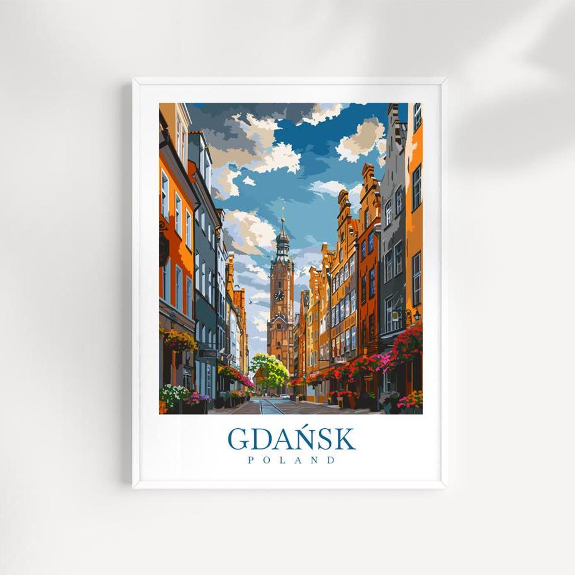 Gdansk Poland Flower Lined Street Leading To Clock Tower Poster