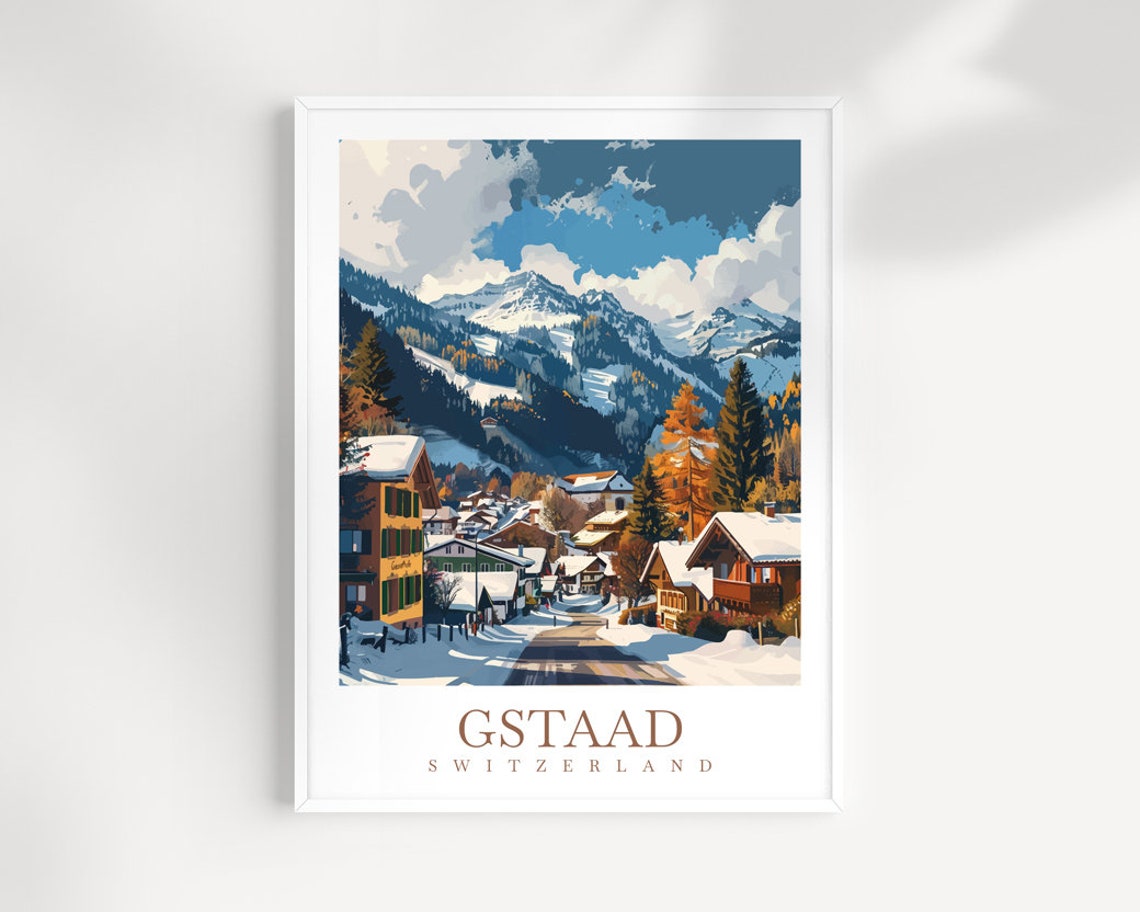 Gstaad Switzerland Snowy Alpine Village Winter Chalet Mountain Poster