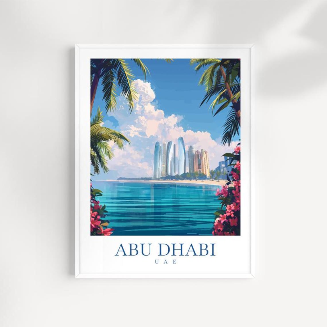 Abu Dhabi UAE Travel Poster Coastal Skyline Palms Turquoise Sea City Art