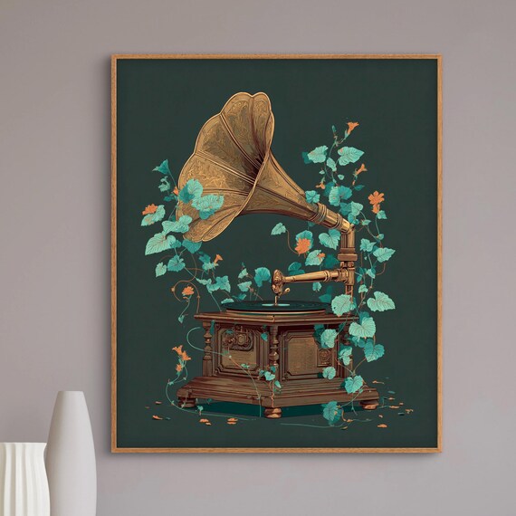 Vintage Gramophone Illustration Retro Wall Art Print