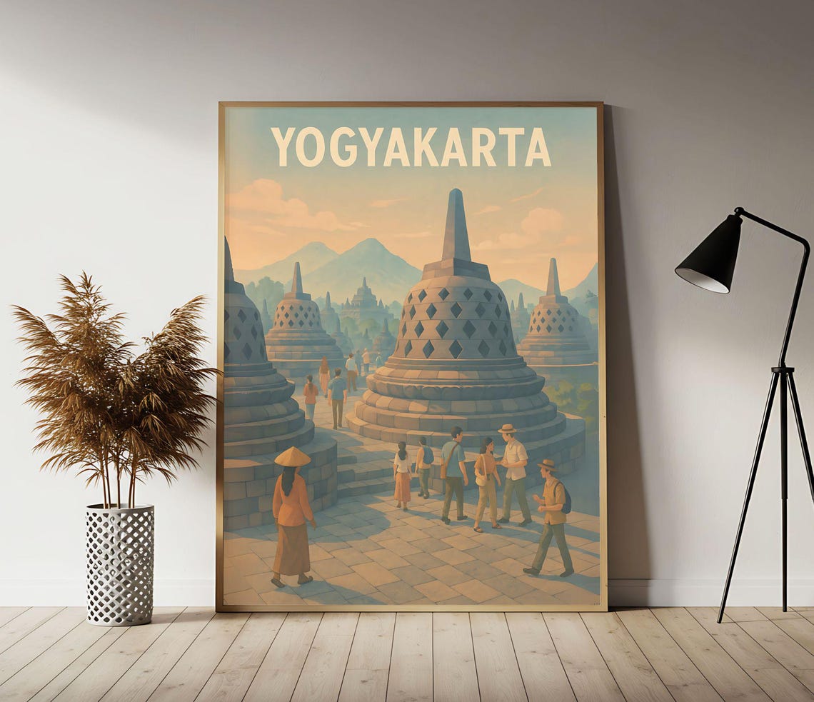 Yogyakarta Borobudur Temple Sunrise Classic Vintage Travel Poster