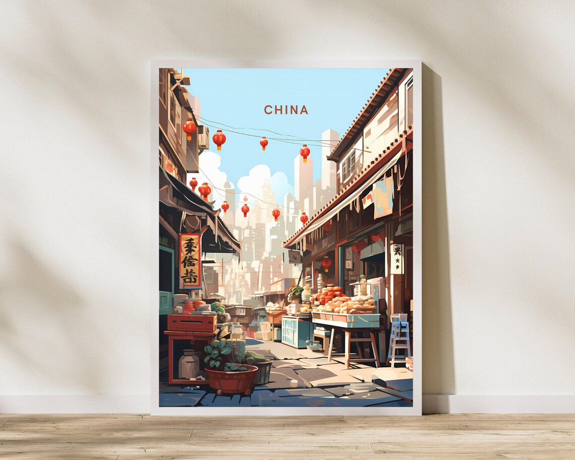 China Traditional Market Street Red Lanterns Vintage Travel Poster