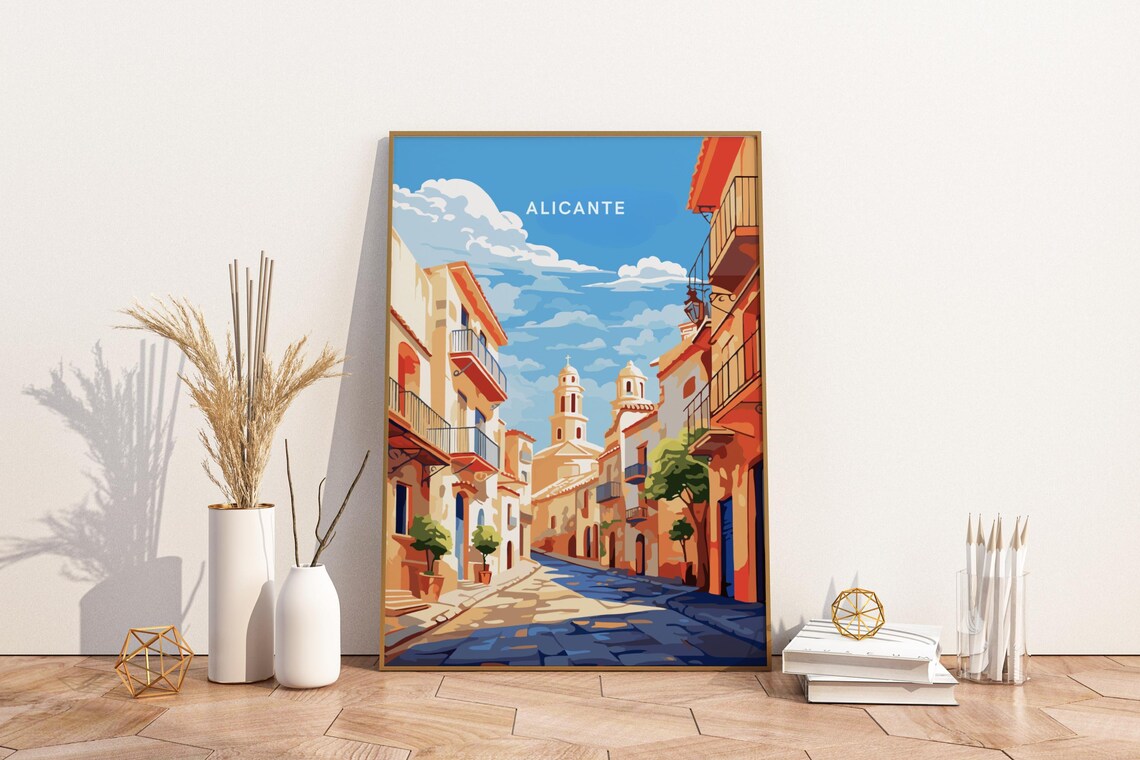 Alicante Spain Sunlit Old Town Street Church Towers Travel Poster