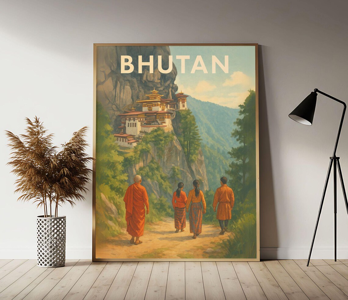 Bhutan Taktsang Tiger's Nest Monastery Vintage Travel Poster