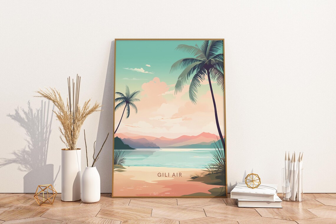 Gili Air Sunset Palm Beach Tropical Indonesian Island Travel Poster
