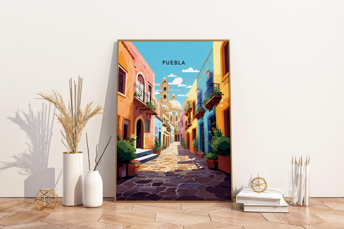 Puebla Mexico Scenic Colonial Street Cathedral Colorful Art Poster
