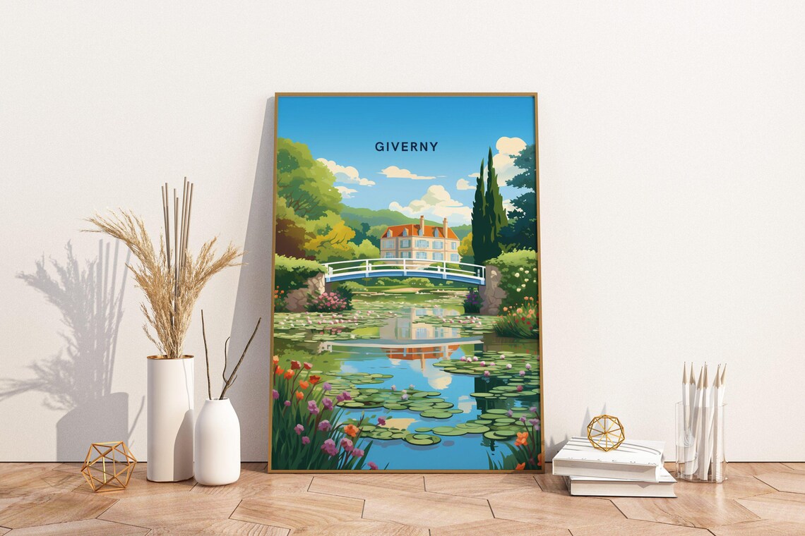 Giverny France Travel Poster with Water Lilies and Japanese Bridge Art