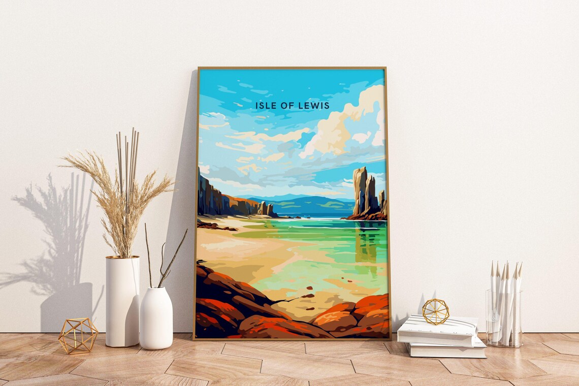 Isle of Lewis Scotland Rocky Shoreline Turquoise Vintage Travel Poster