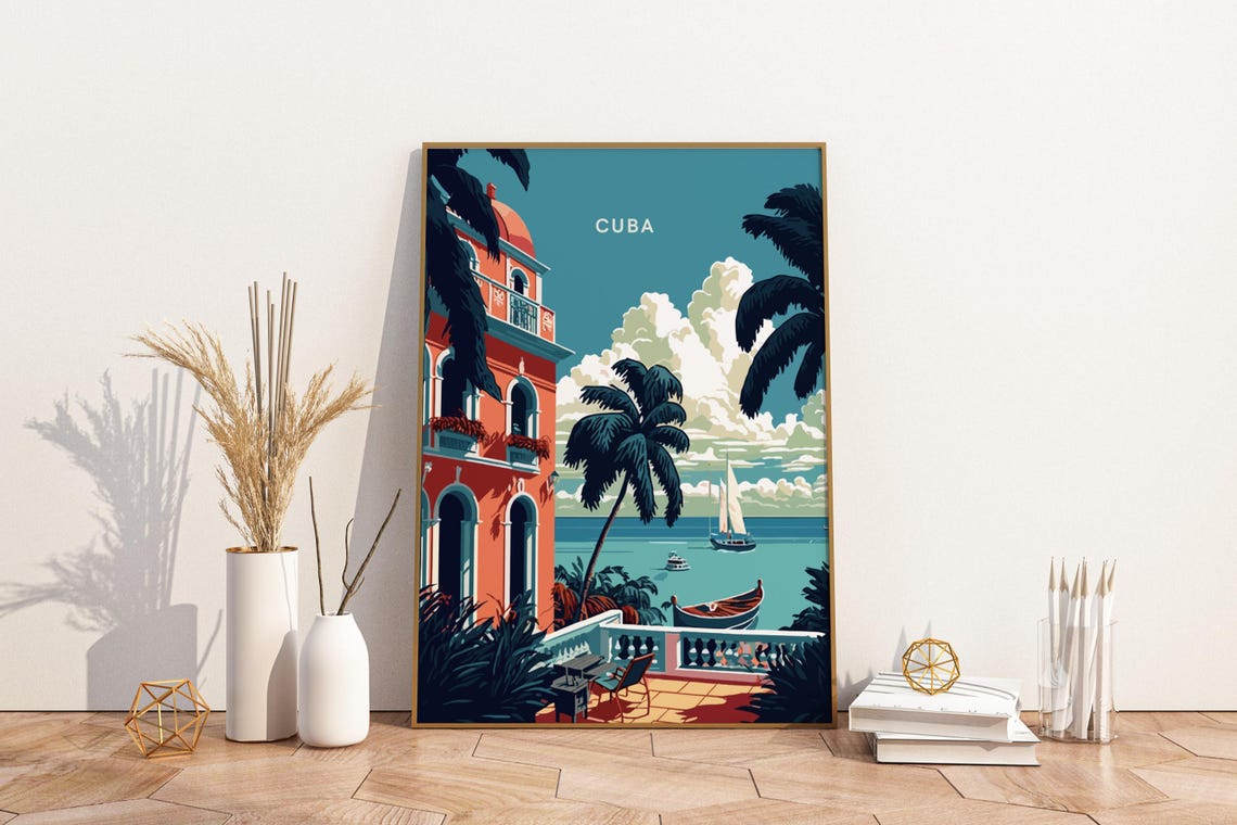 Cuba Colonial Waterfront Palm Trees Tropical Island Travel Poster