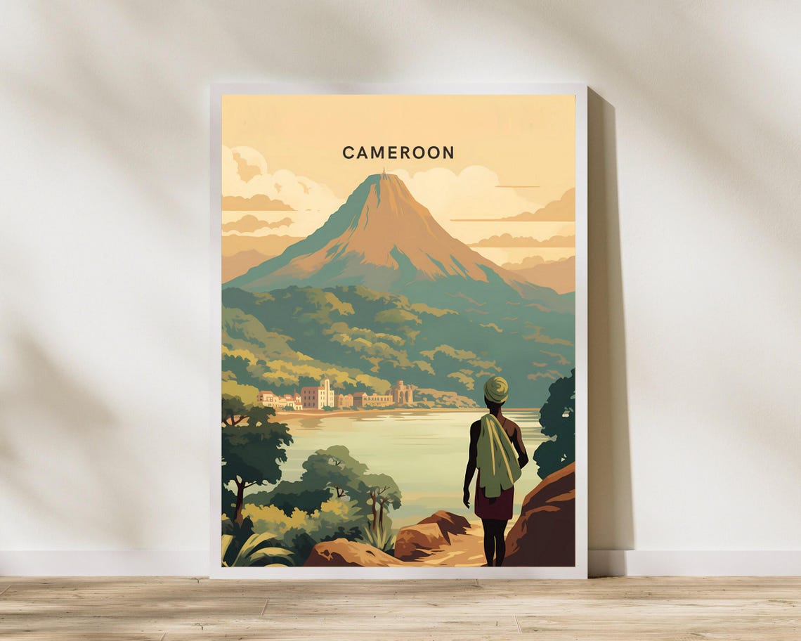 Cameroon Africa Mountain Volcano Lake View Vintage Travel Poster