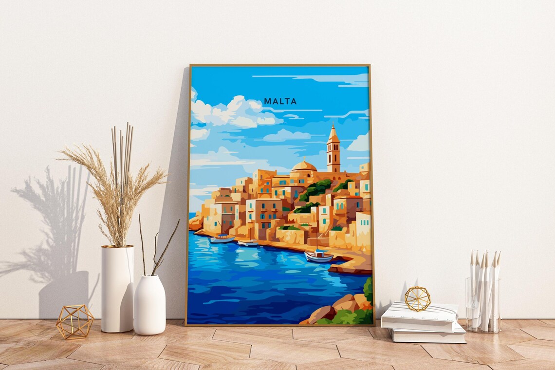 Malta Golden Harbor Town Boats Above Bright Blue Bay Travel Poster