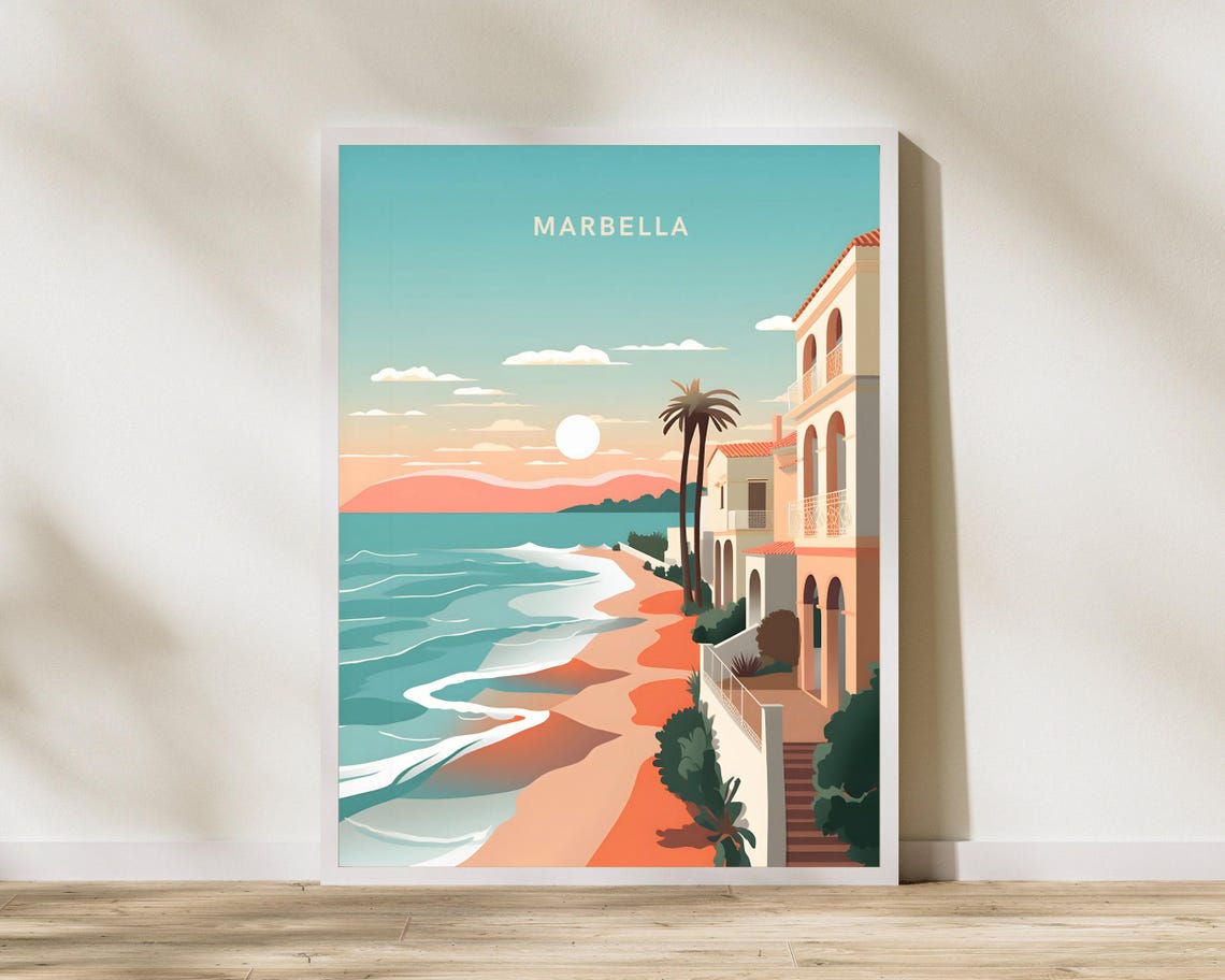 Marbella Spain Sunset Beach Palm Trees White Buildings Travel Poster