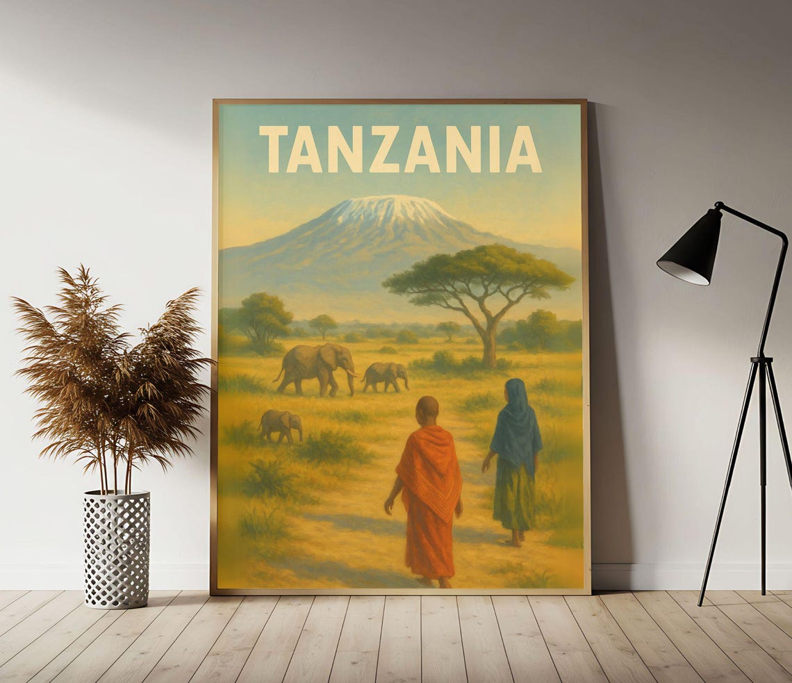 Tanzania Mount Kilimanjaro Elephant Savanna Vintage Safari Poster