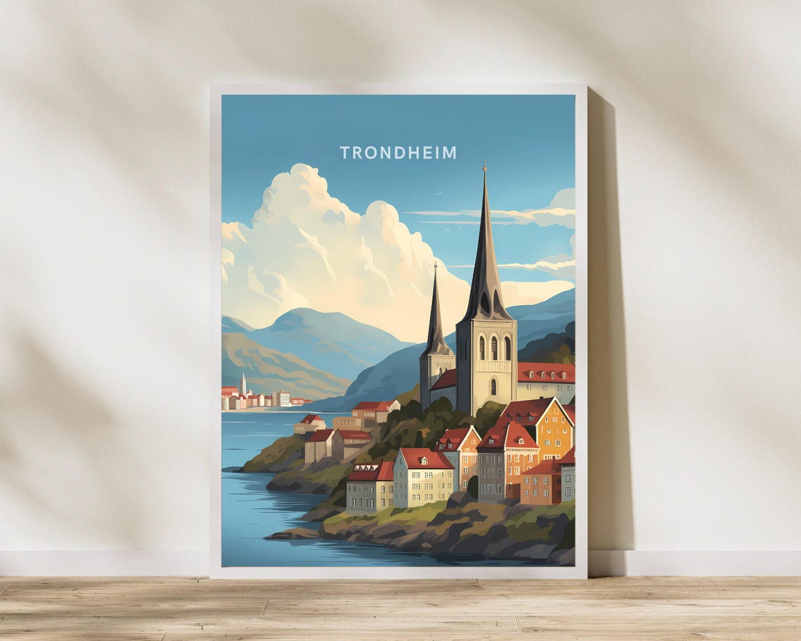 Charming Trondheim Norway Cathedral Waterfront Vintage Travel Poster