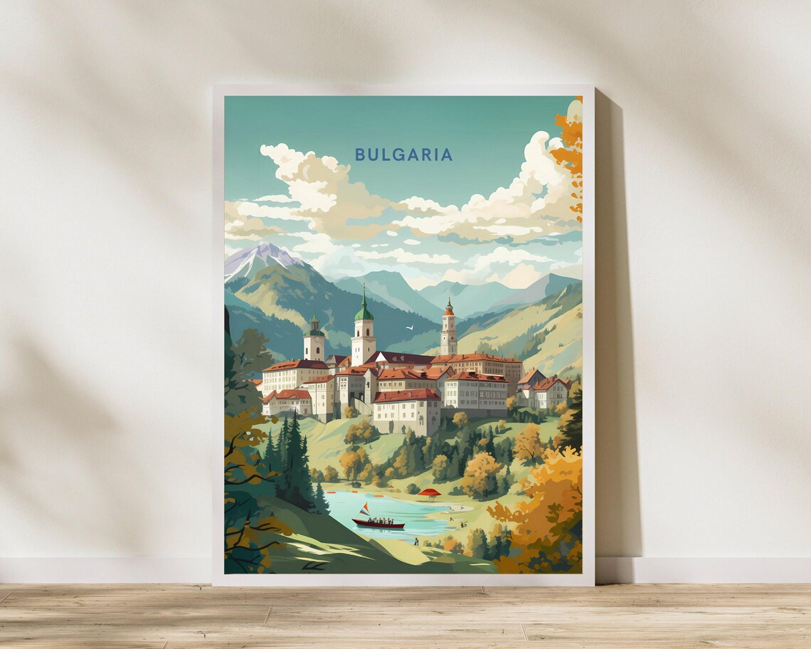Bulgaria Mountain Monastery Lake Autumn Landscape Travel Poster