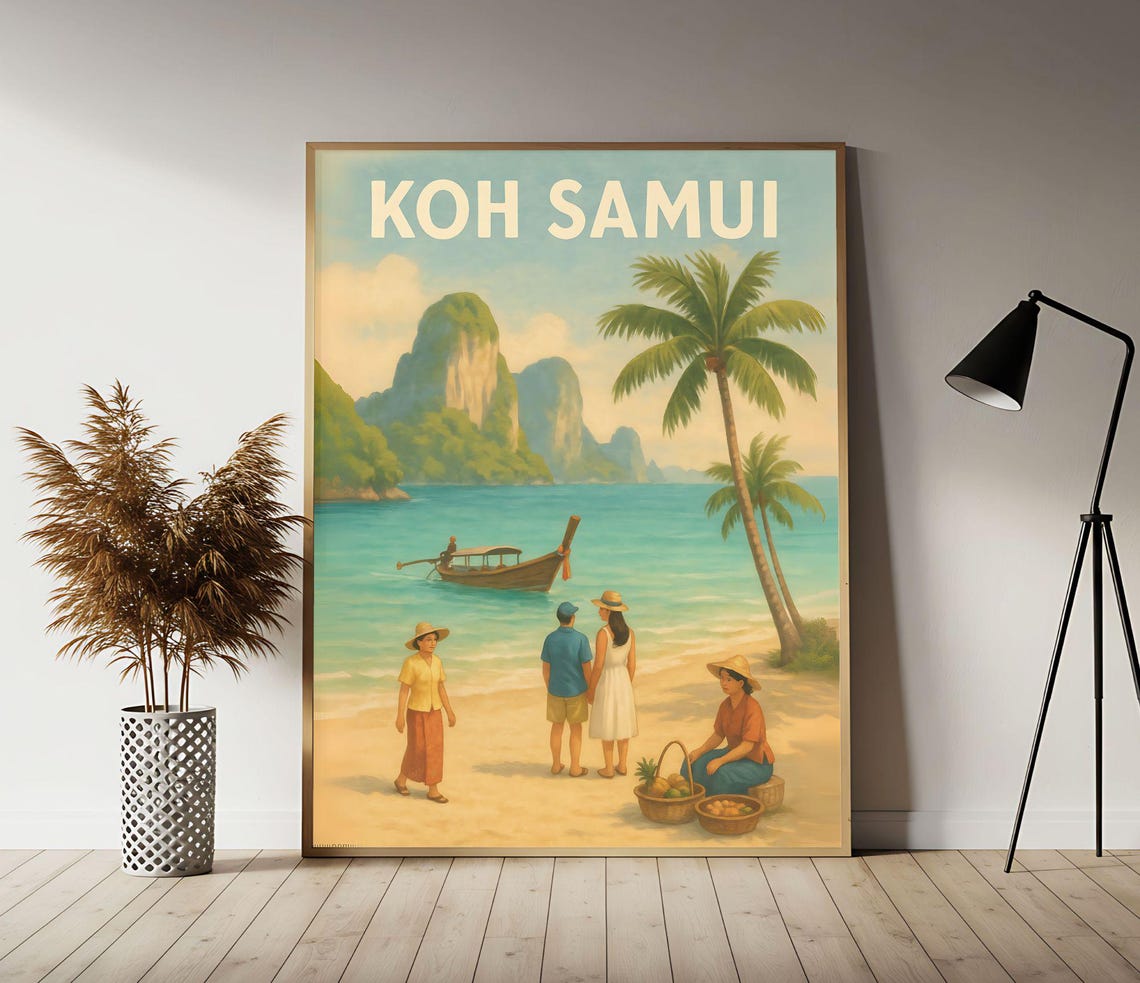 Vintage Koh Samui Thailand Tropical Beach Longtail Boat Travel Poster