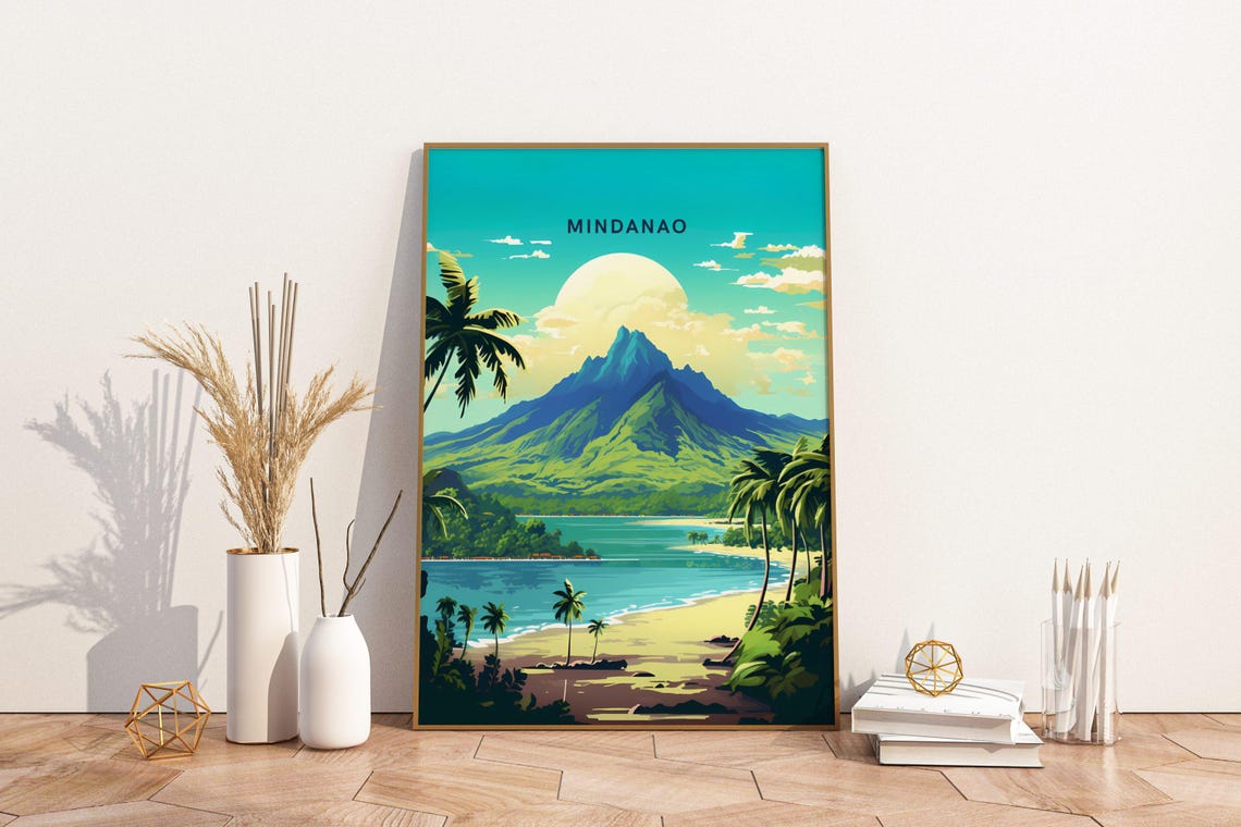 Mindanao Philippines Volcanic Peak Beach Palm Trees Travel Poster