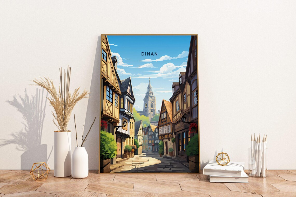 Dinan France Medieval Half Timbered Street Retro Travel Poster