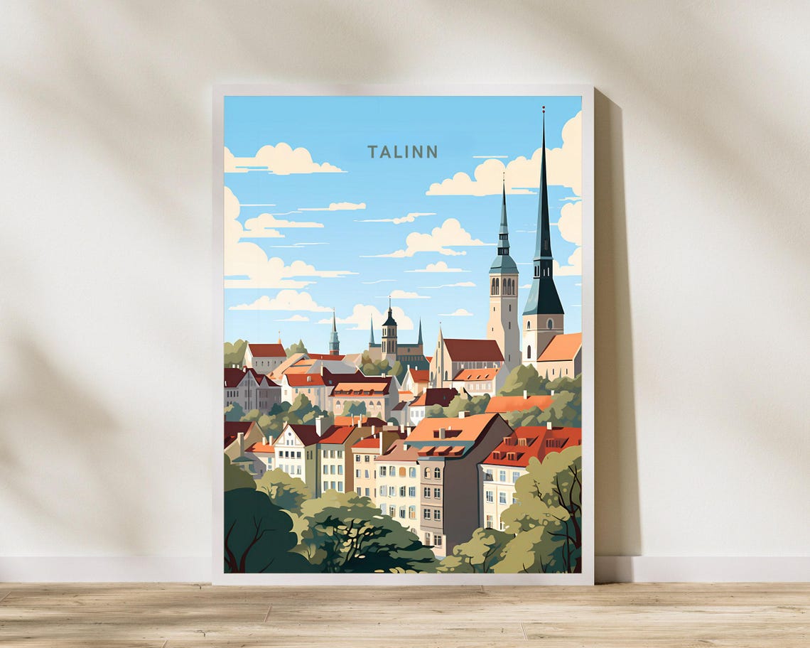 Tallinn Estonia Medieval Old Town Spires Cheerful Travel Poster
