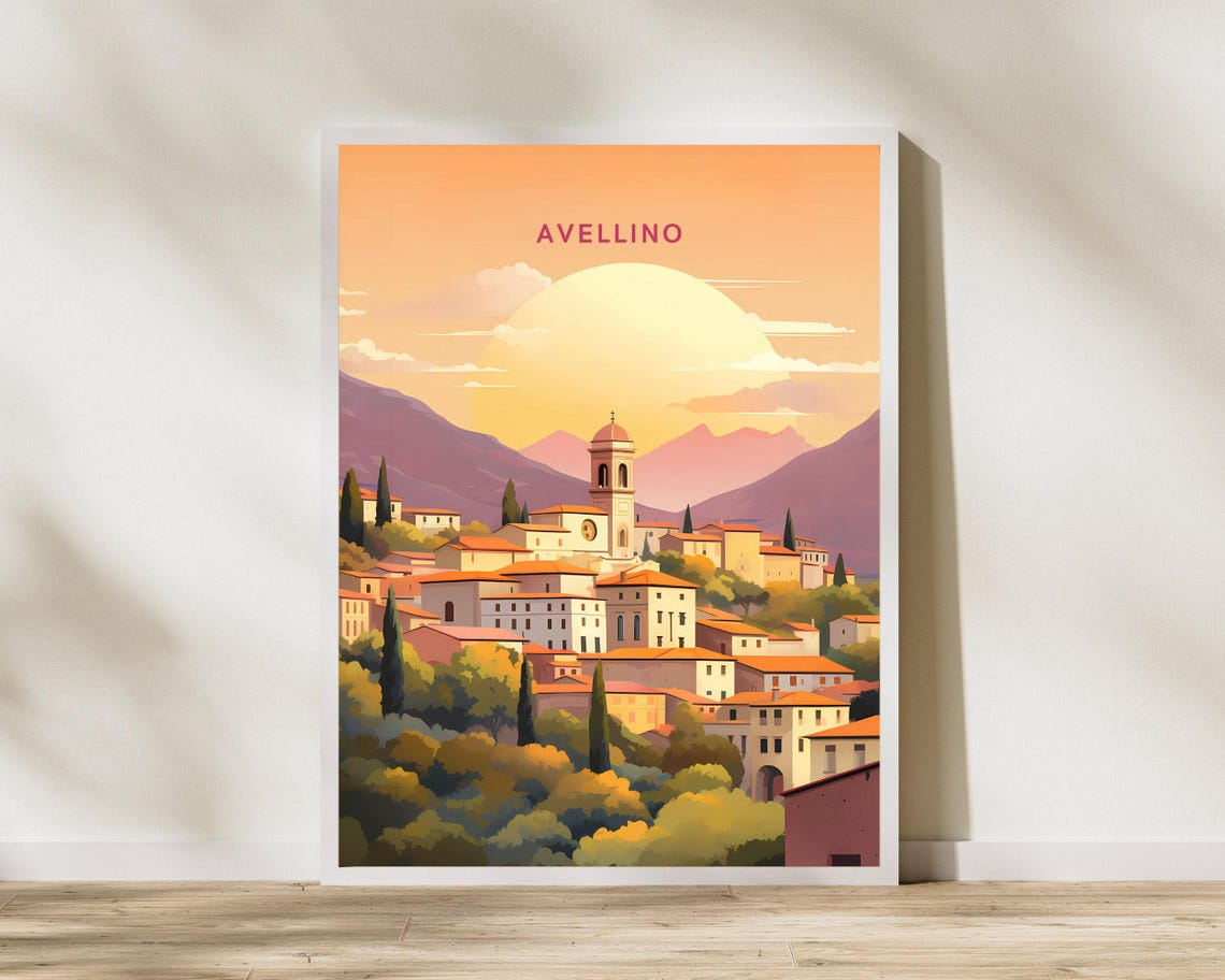 Avellino Italy Hillside Town Sunset Bell Tower Travel Poster