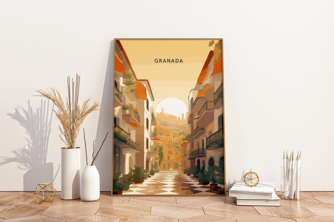 Granada Spain Old Town Street Golden Sunset View Travel Poster