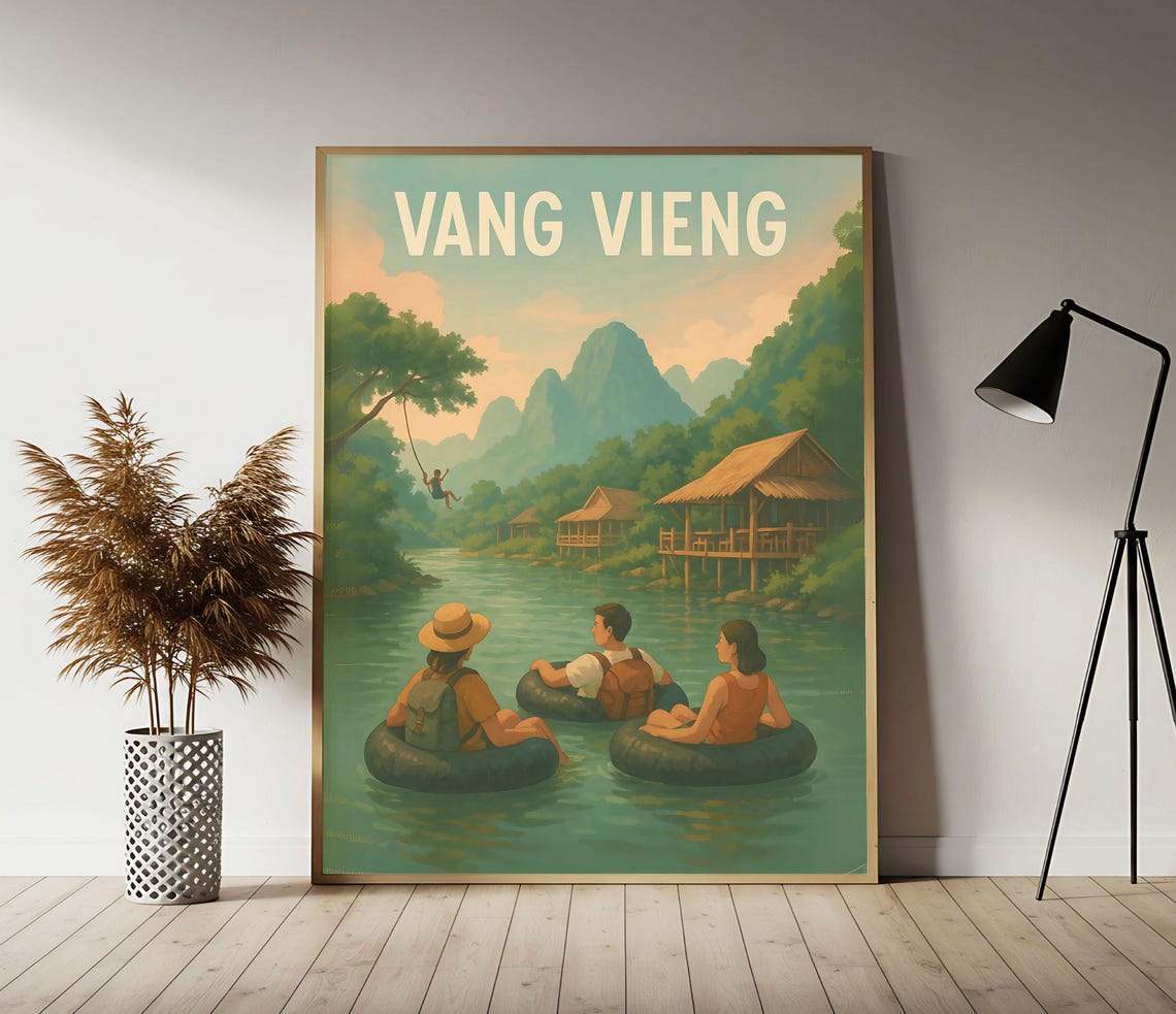 Vang Vieng Laos Travel Poster with River Tubing and Karst Peaks
