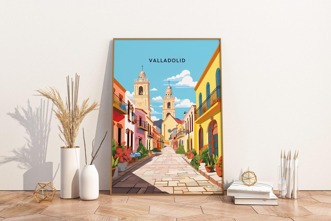 Valladolid Mexico Colonial Street Church Towers Travel Poster