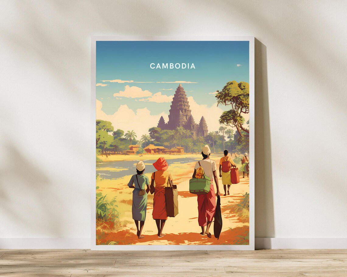 Cambodia Angkor Wat Countryside Walk Scene Vintage Travel Poster