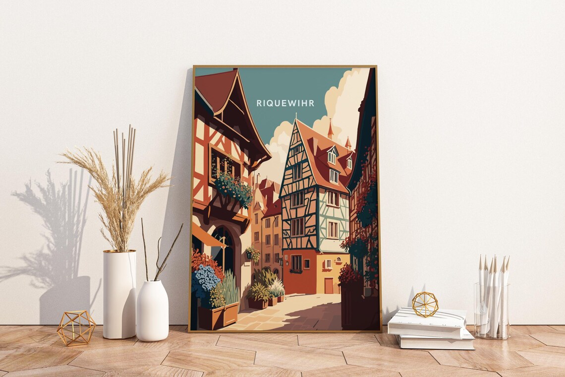 Riquewihr France Alsace Half Timbered Street Vintage Travel Poster