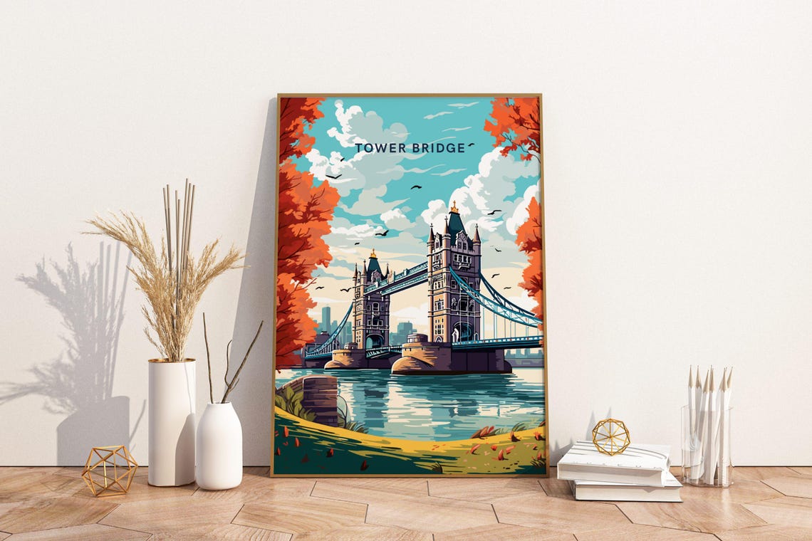 Tower Bridge London Autumn Travel Poster With Thames River View