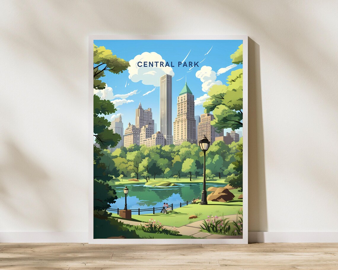 Central Park New York Retro Travel Poster Skyline Pond Illustration