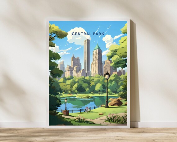 Central Park New York Retro Travel Poster Skyline Pond Illustration