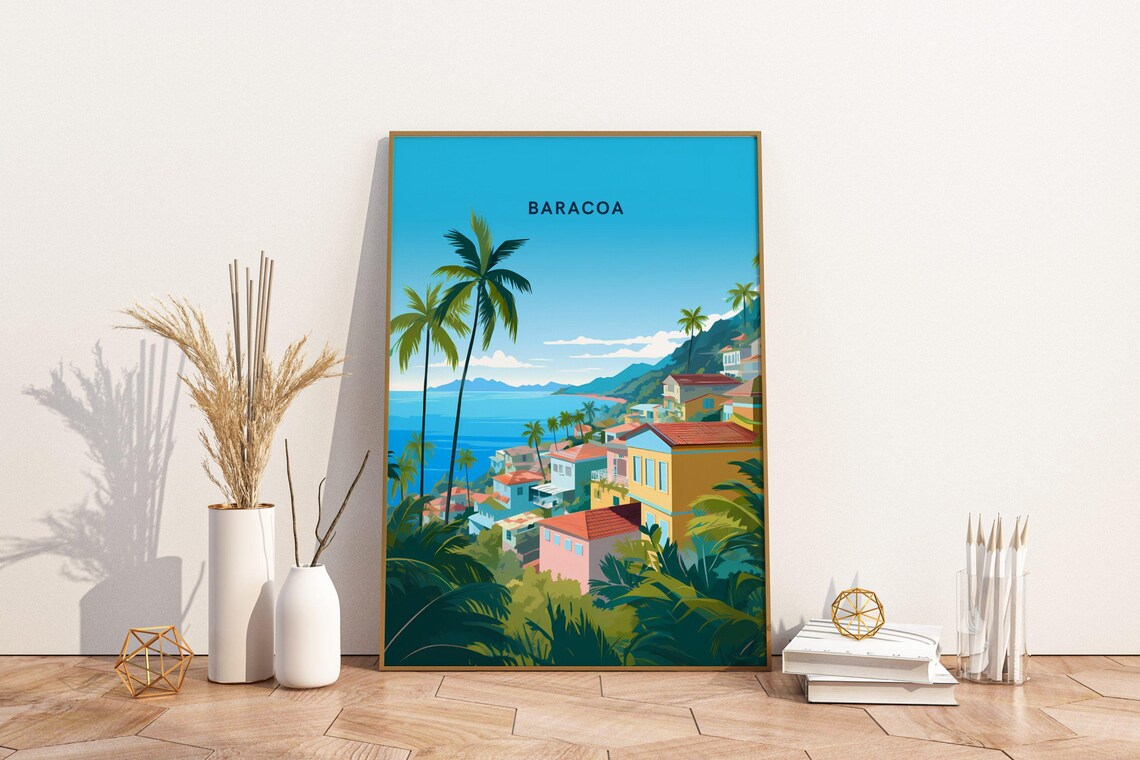 Baracoa Cuba Coastal Town Travel Poster With Palm Trees and Red Roofs