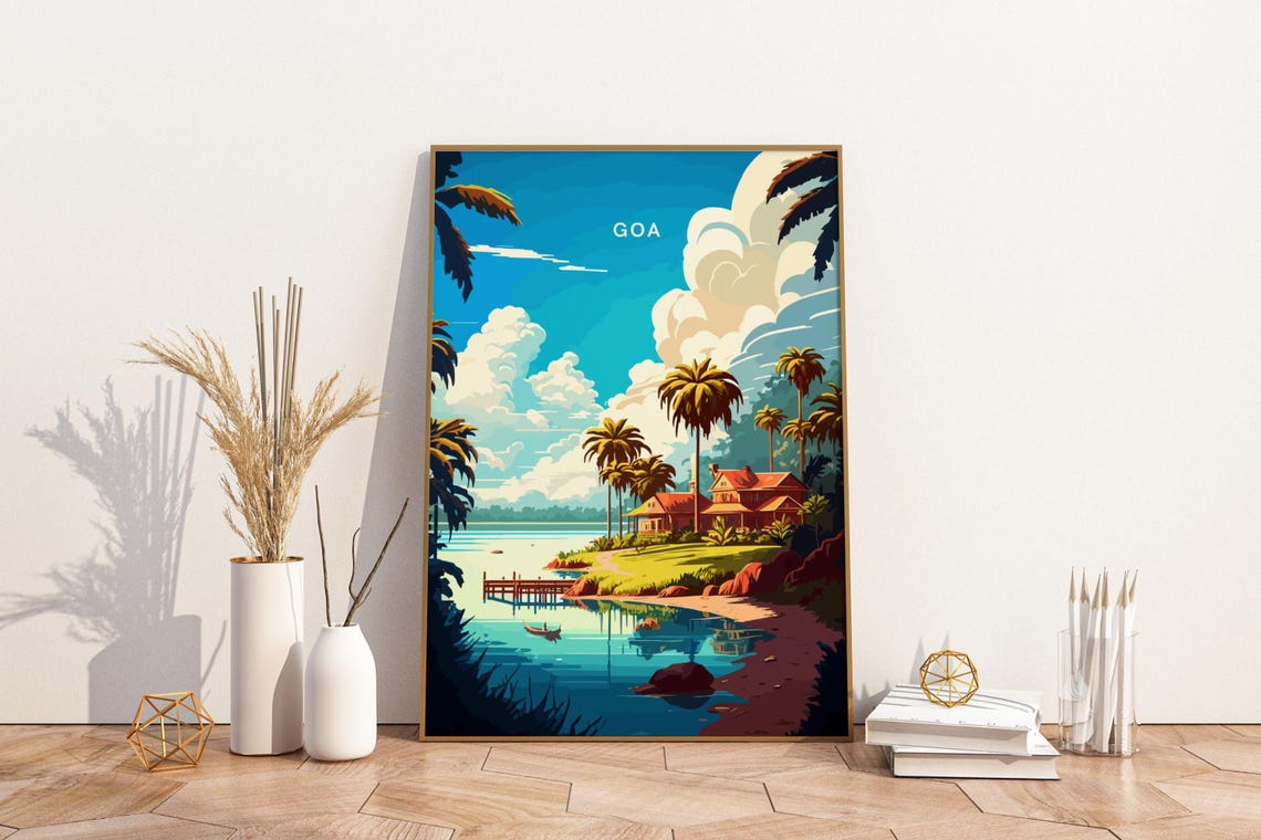 Goa India Tropical Beach Palm Trees Pier Vintage Travel Poster