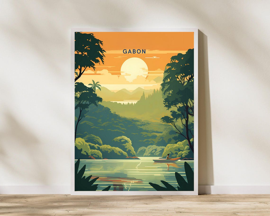 Gabon Africa Jungle River Sunset Canoe Vintage Travel Poster