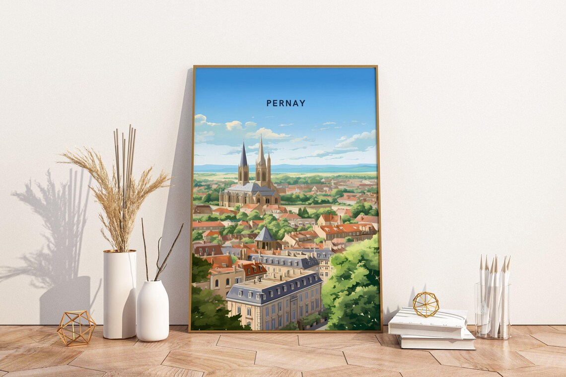 Pernay France Travel Poster with Cathedral Spires and Village Rooftops